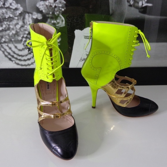 Miu Miu Leather Mid-Calf Lace-Up Boots, Shoes - Picture 3 of 10